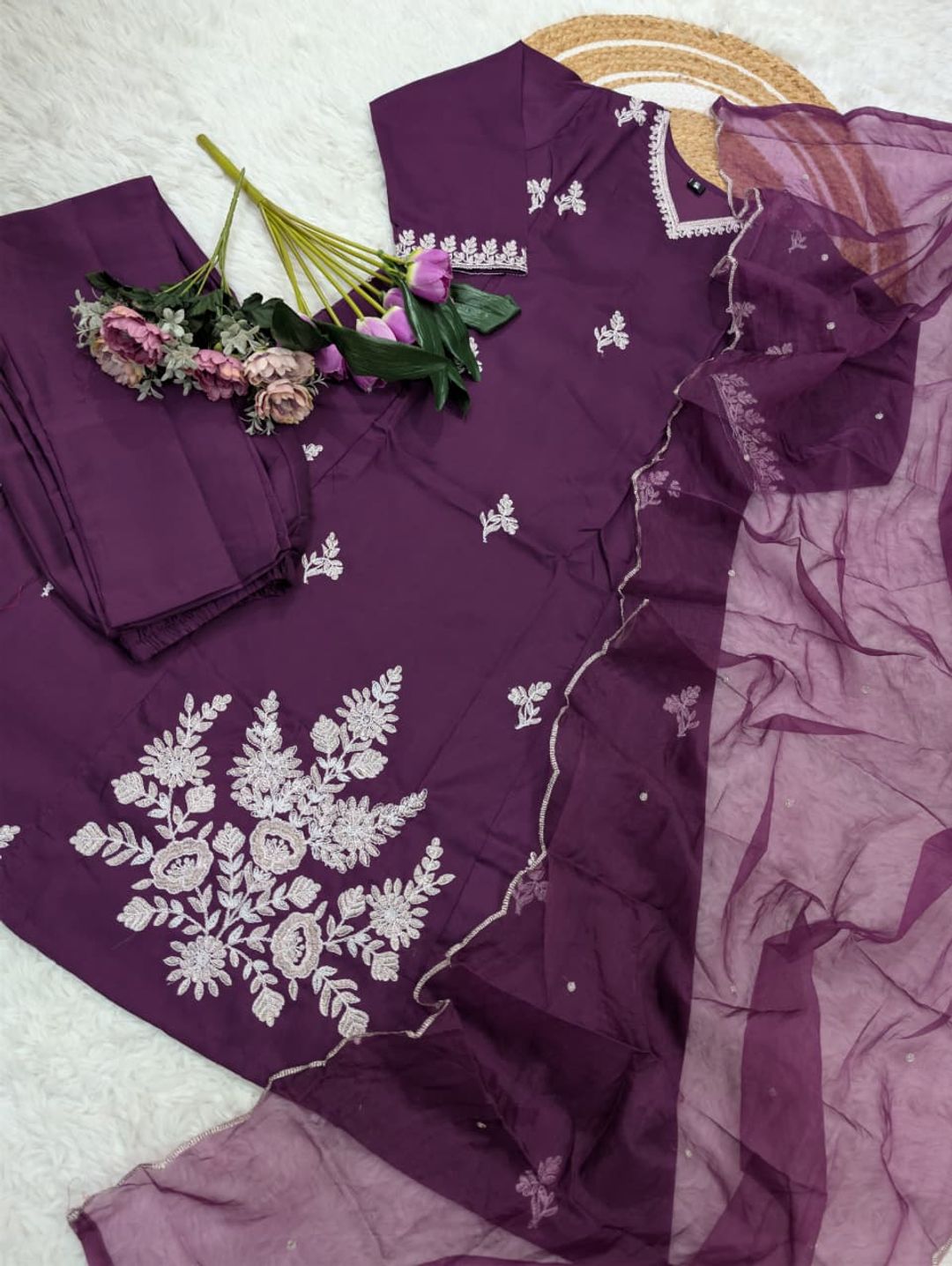 Veena Plum Purple Muslin Embroidered Kurta Set with Organza Dupatta