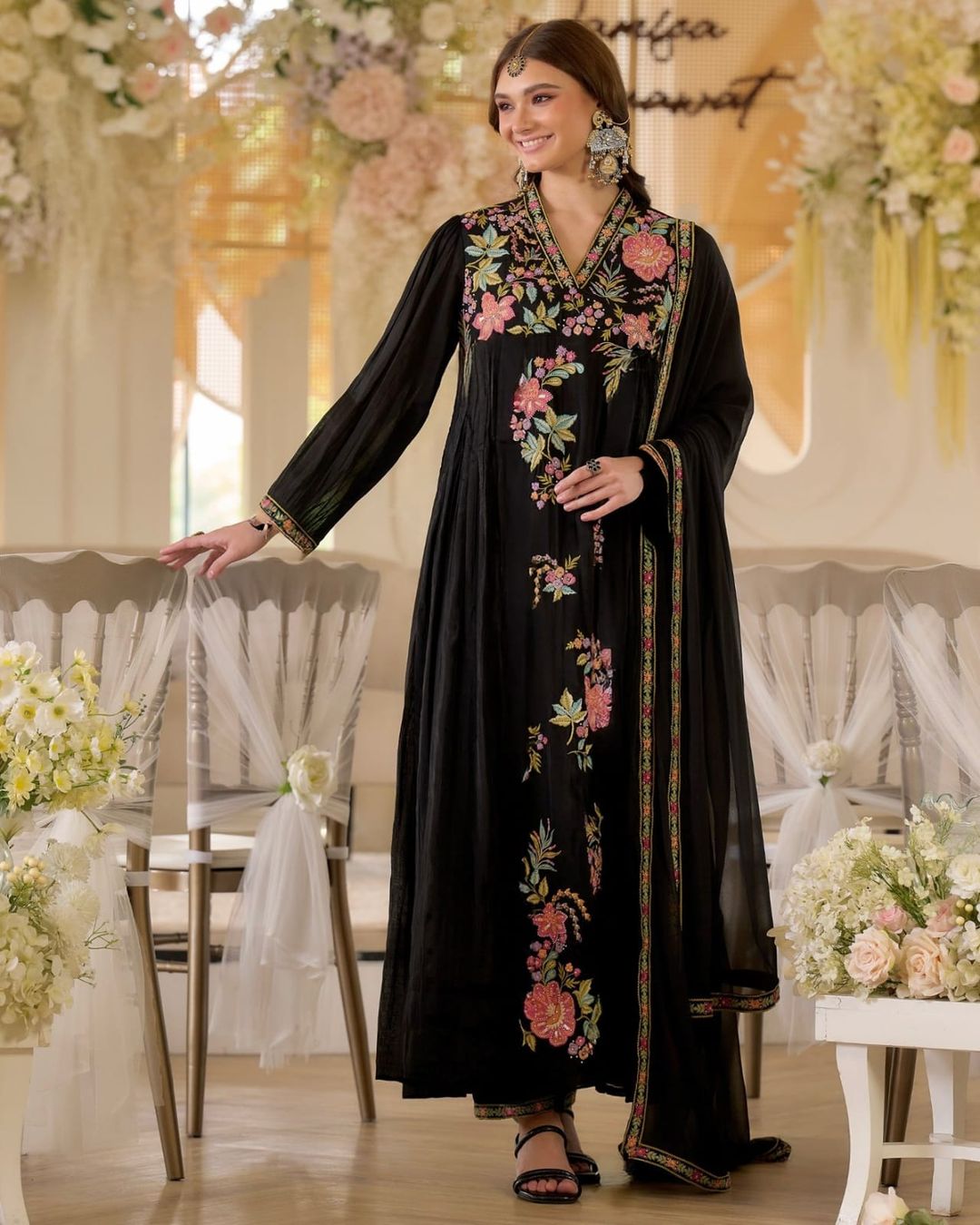 Black Floral Embroidered Georgette Kurta Set