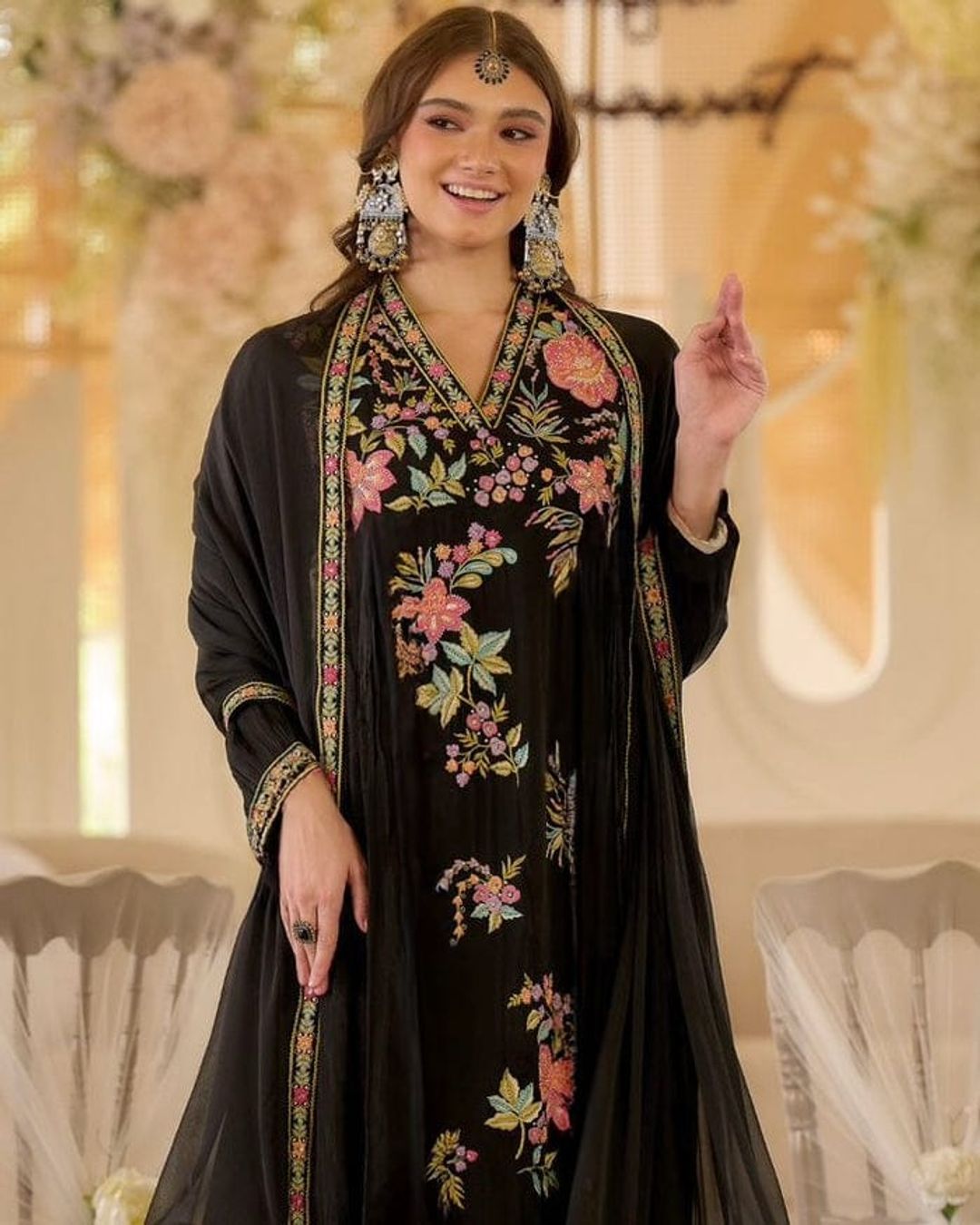 Black Floral Embroidered Georgette Kurta Set
