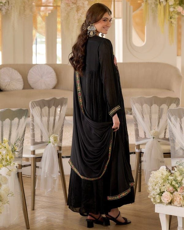 Black Floral Embroidered Georgette Kurta Set