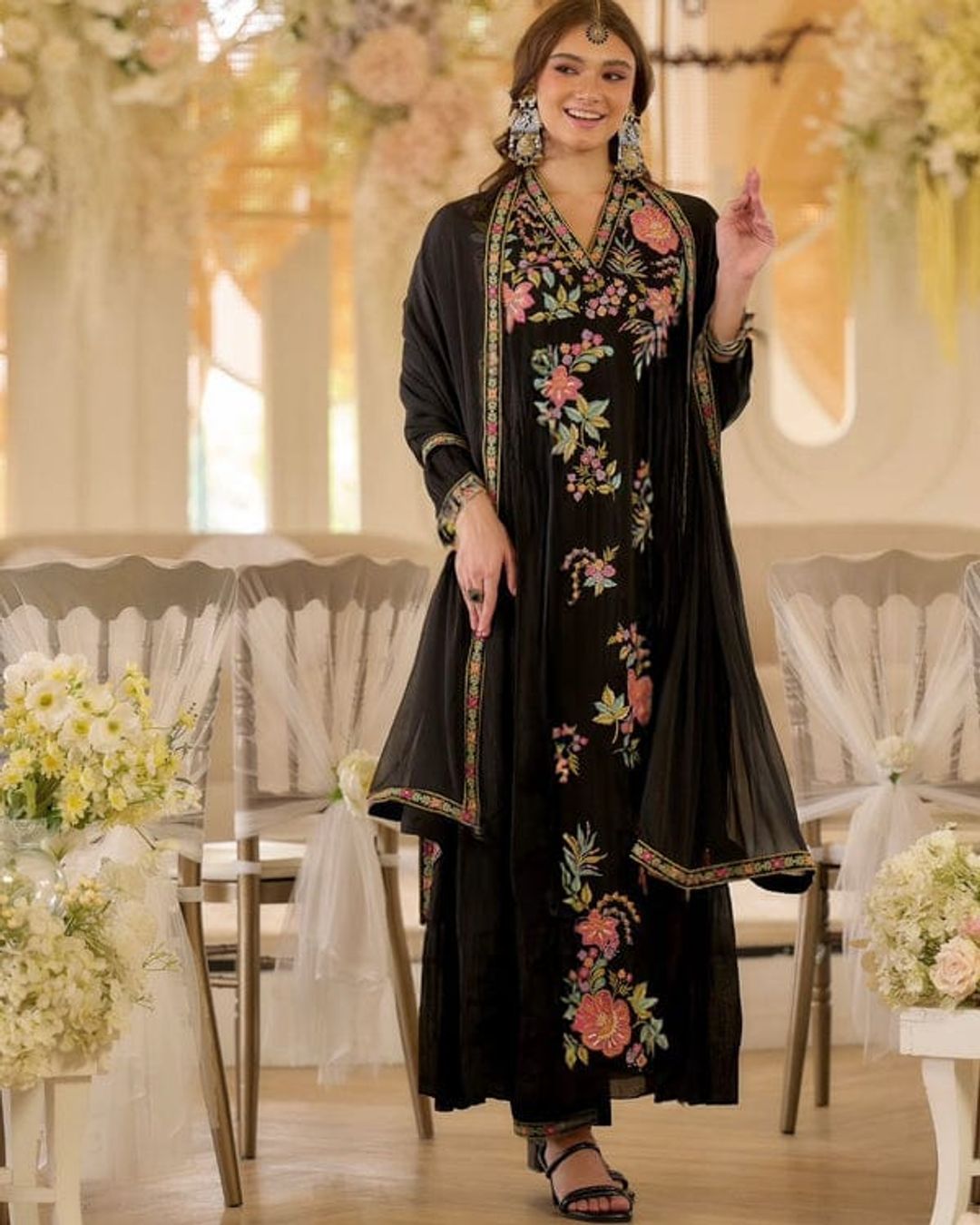 Black Floral Embroidered Georgette Kurta Set
