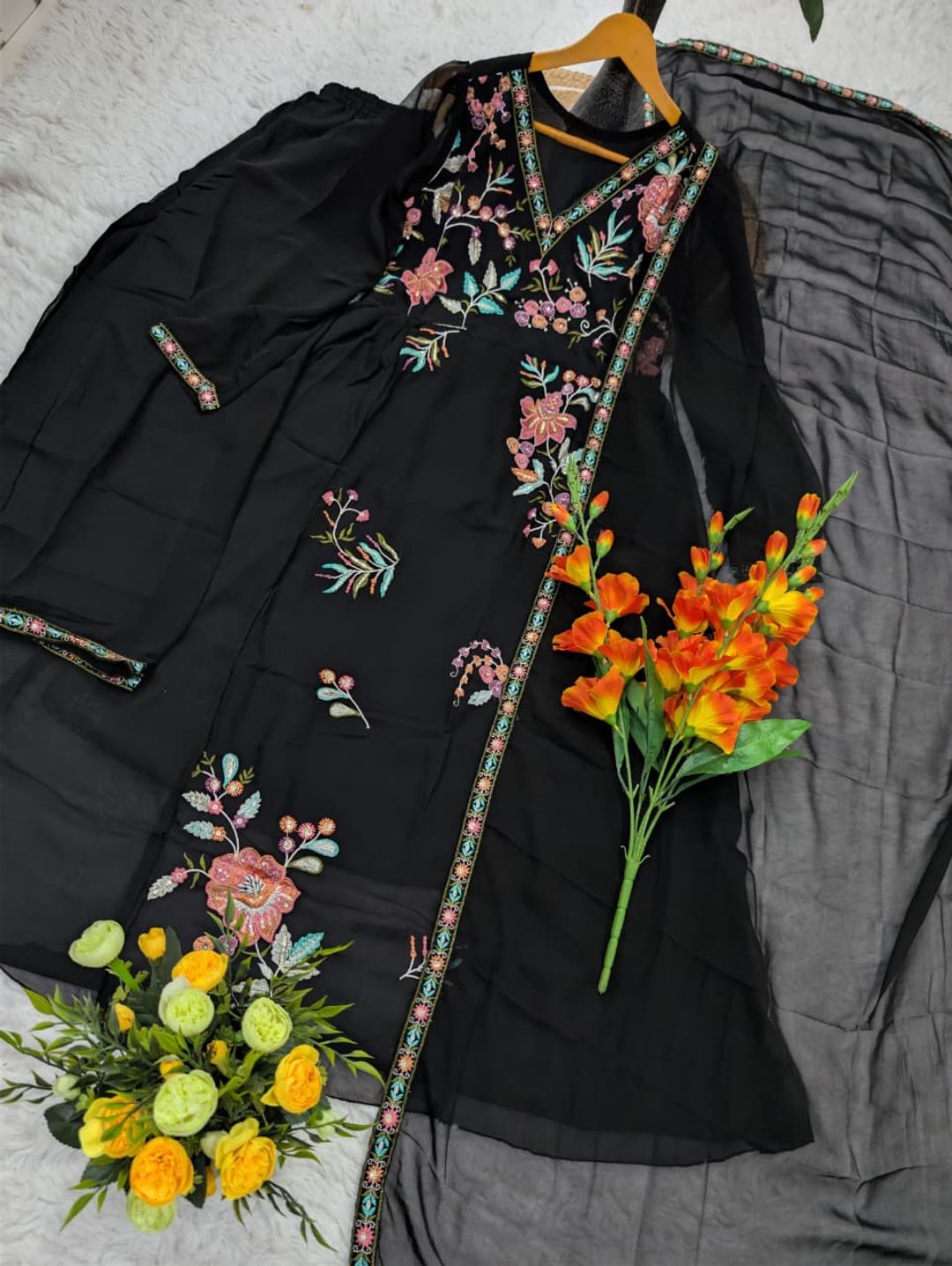 Black Floral Embroidered Georgette Kurta Set