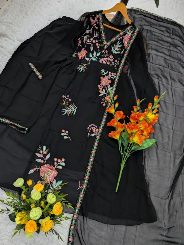 Black Floral Embroidered Georgette Kurta Set