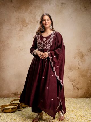 Ruksha Wine Maroon Vichitra Silk Embroidered Kurta Set