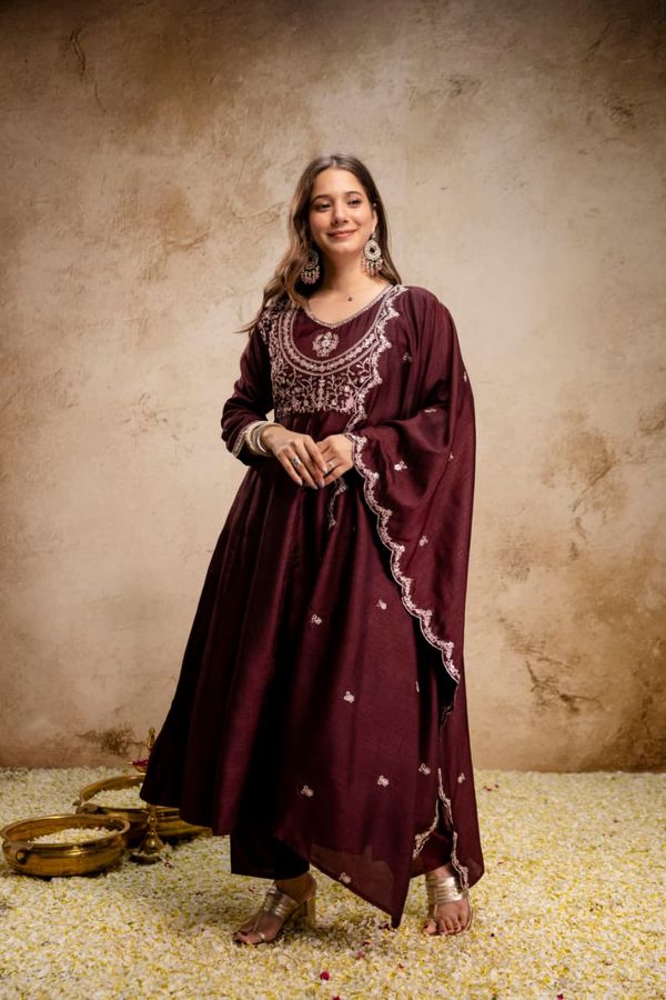 Ruksha Wine Maroon Vichitra Silk Embroidered Kurta Set