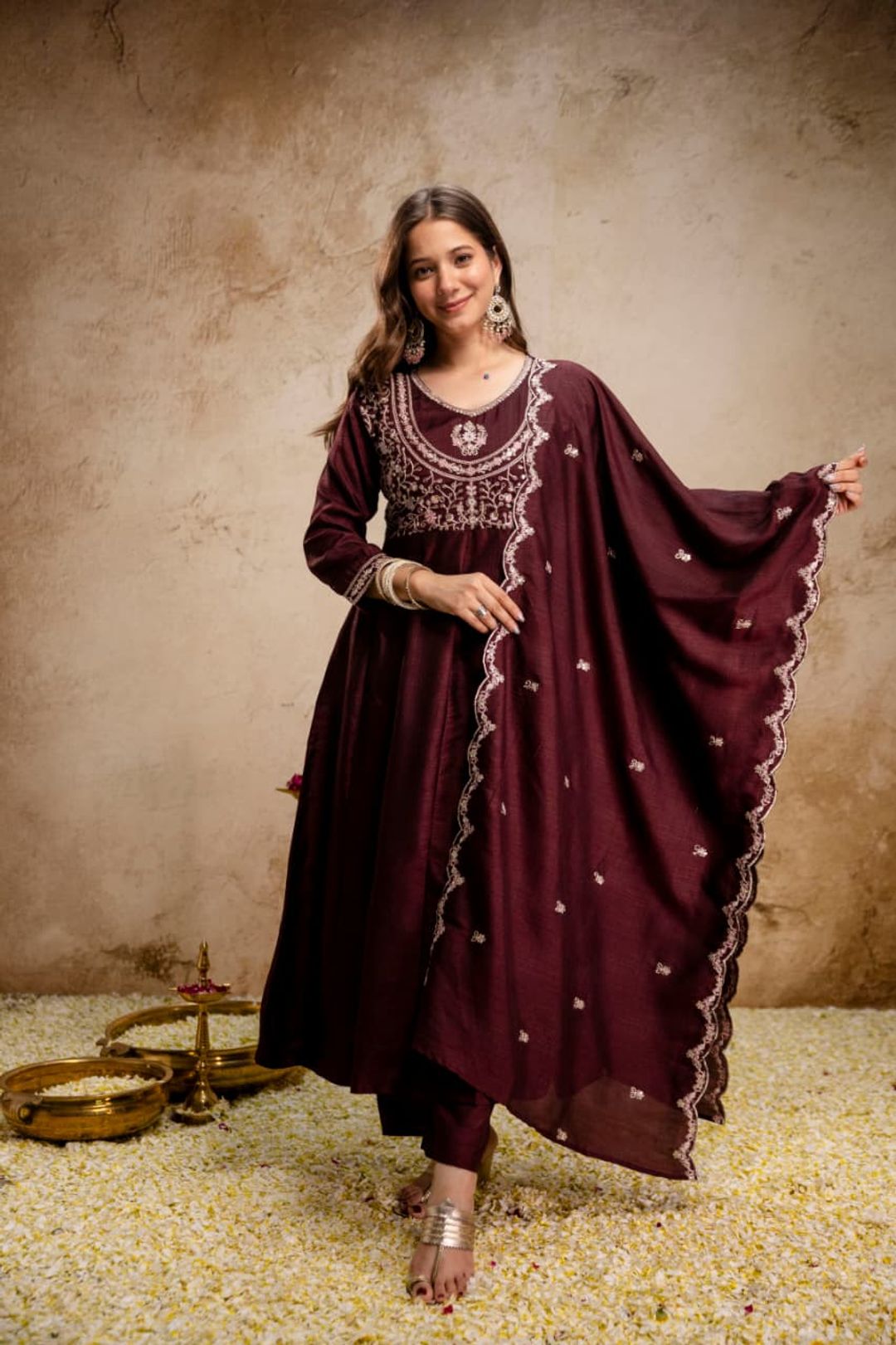 Ruksha Wine Maroon Vichitra Silk Embroidered Kurta Set