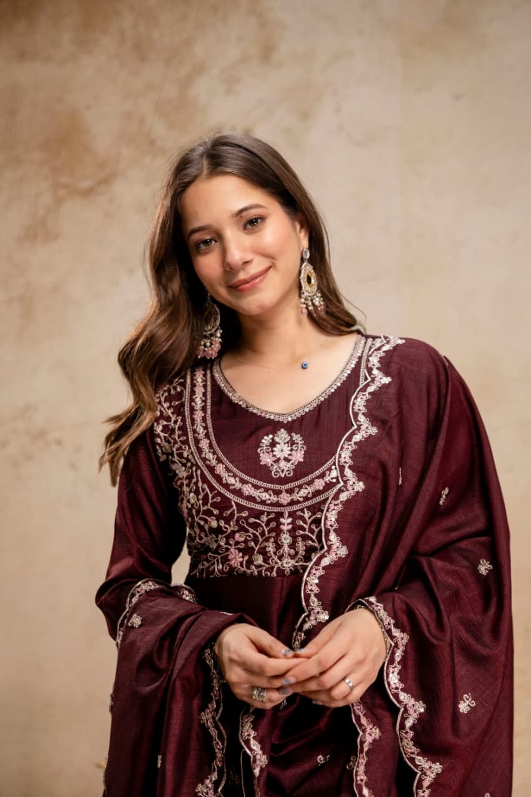 Ruksha Wine Maroon Vichitra Silk Embroidered Kurta Set