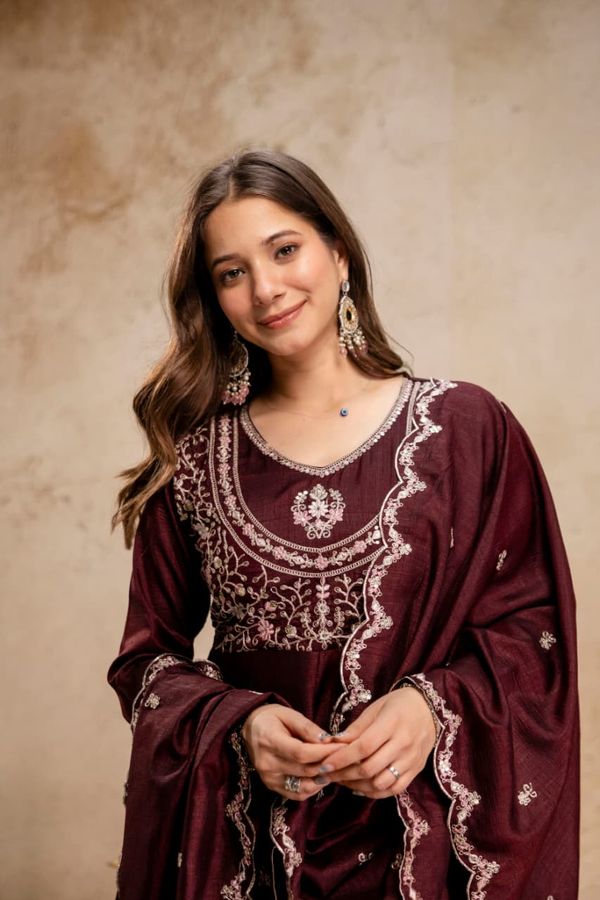 Ruksha Wine Maroon Vichitra Silk Embroidered Kurta Set