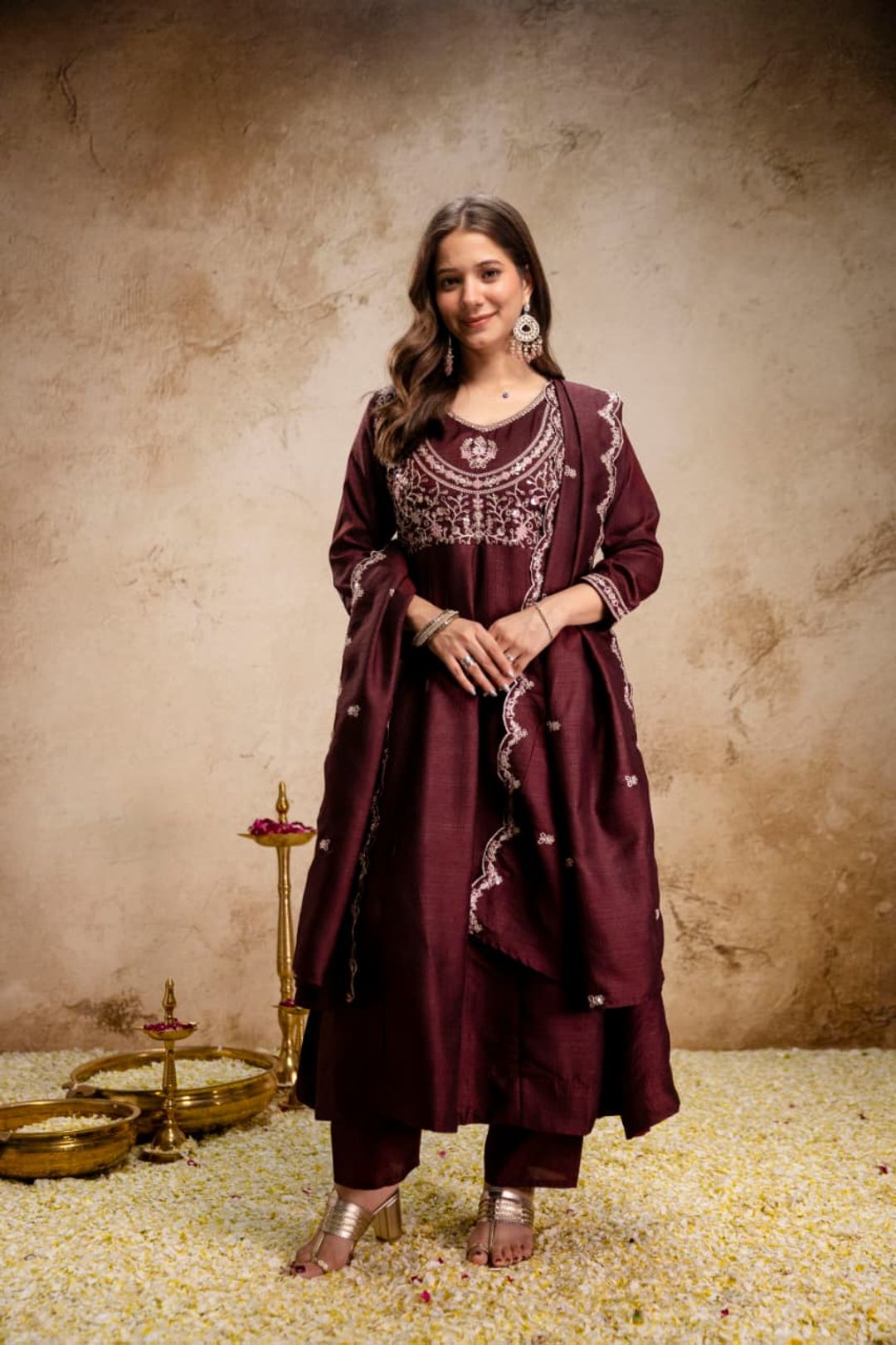 Ruksha Wine Maroon Vichitra Silk Embroidered Kurta Set