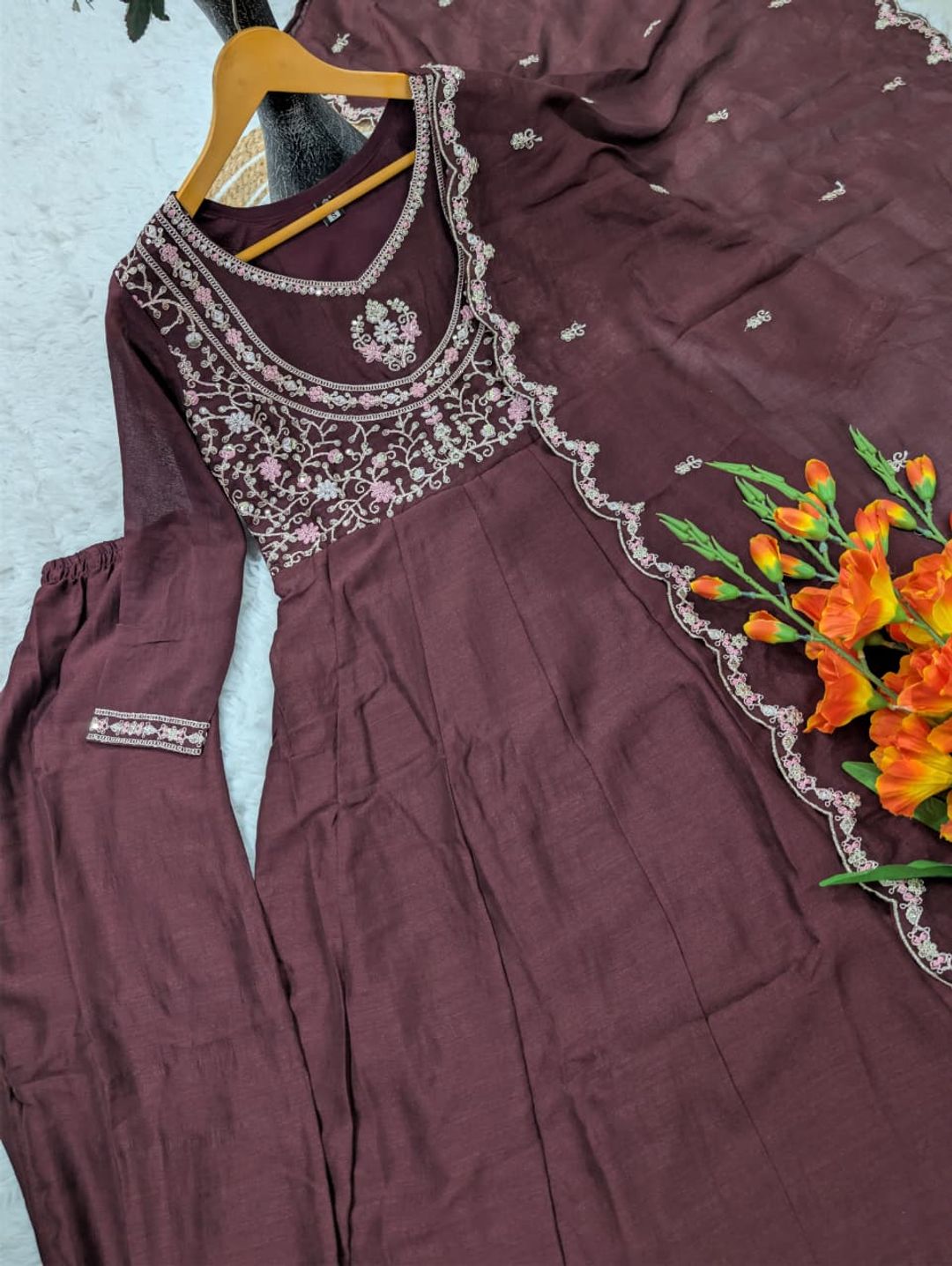 Ruksha Wine Maroon Vichitra Silk Embroidered Kurta Set