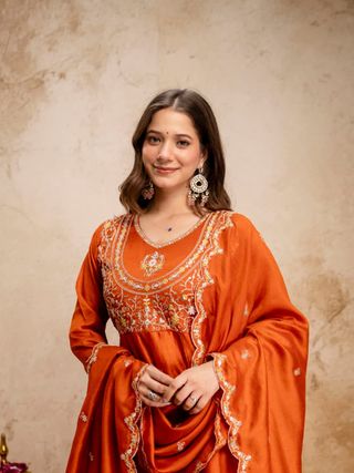 Ruksha Orange Vichitra Silk Embroidered Kurta Set with Dupatta