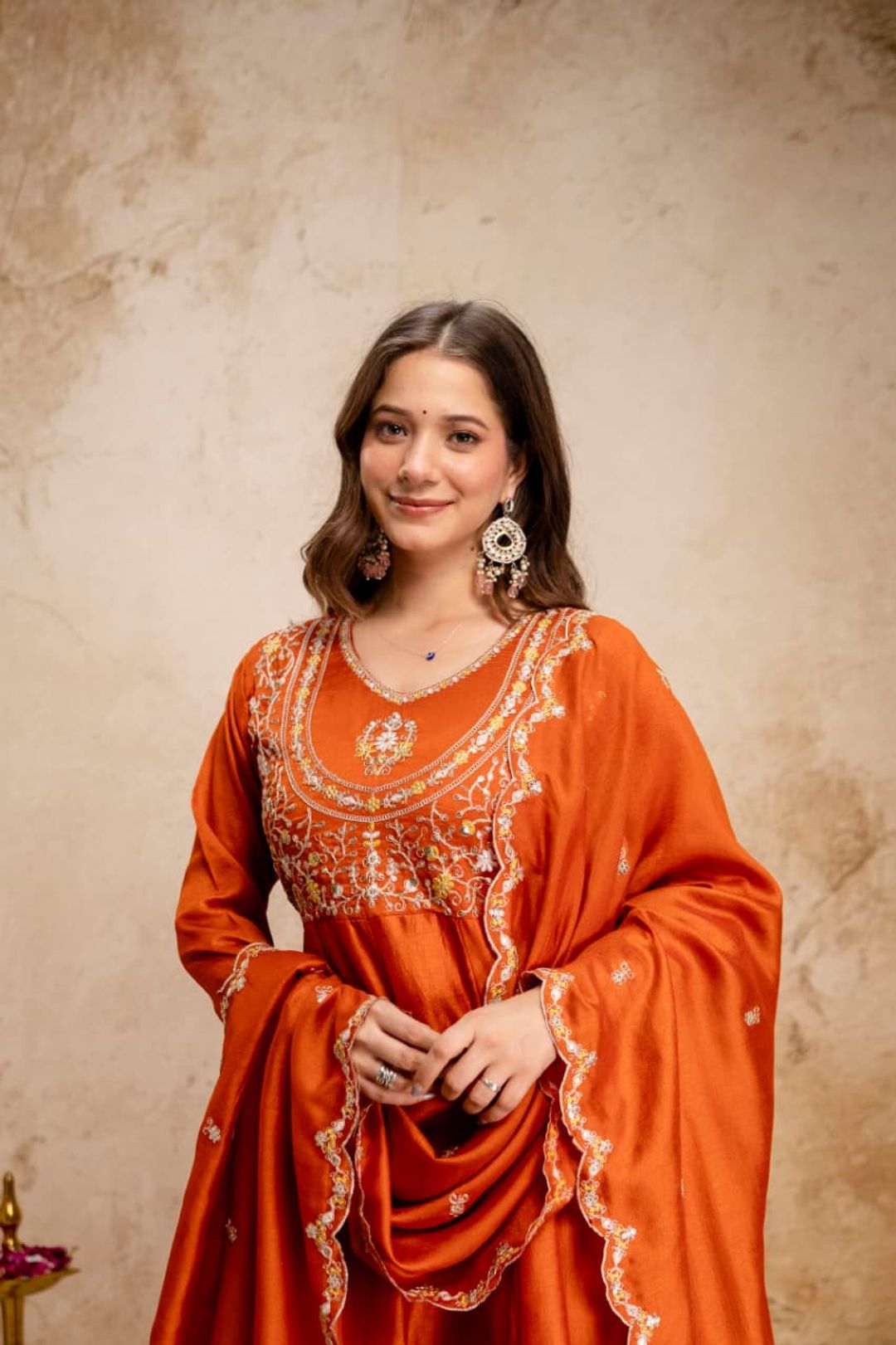 Ruksha Orange Vichitra Silk Embroidered Kurta Set with Dupatta