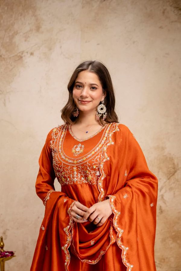 Ruksha Orange Vichitra Silk Embroidered Kurta Set with Dupatta