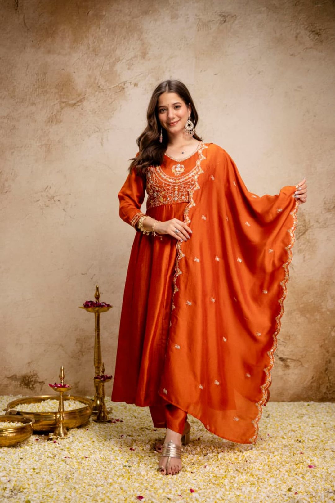 Ruksha Orange Vichitra Silk Embroidered Kurta Set with Dupatta