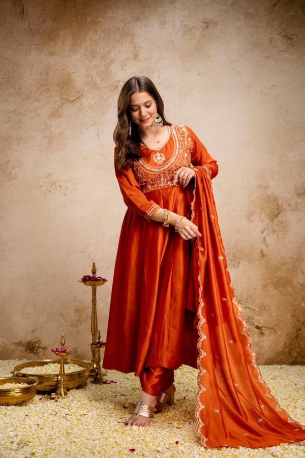 Ruksha Orange Vichitra Silk Embroidered Kurta Set with Dupatta