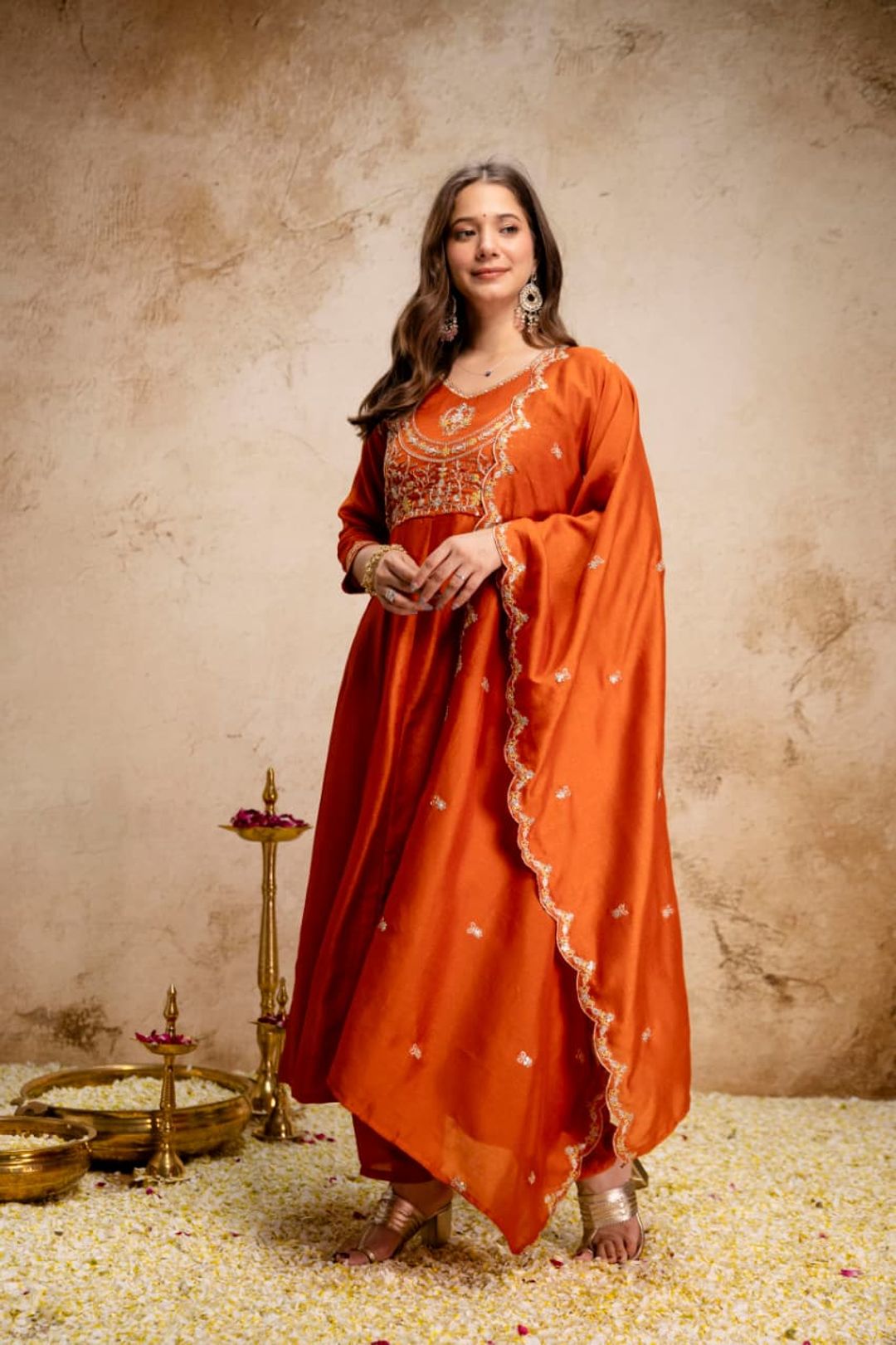 Ruksha Orange Vichitra Silk Embroidered Kurta Set with Dupatta