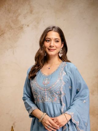 Ruksha Blue Vichitra Silk Embroidered Kurta Set with Dupatta