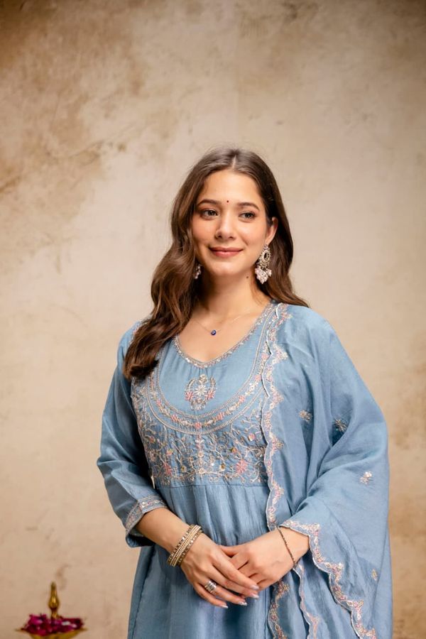 Ruksha Blue Vichitra Silk Embroidered Kurta Set with Dupatta