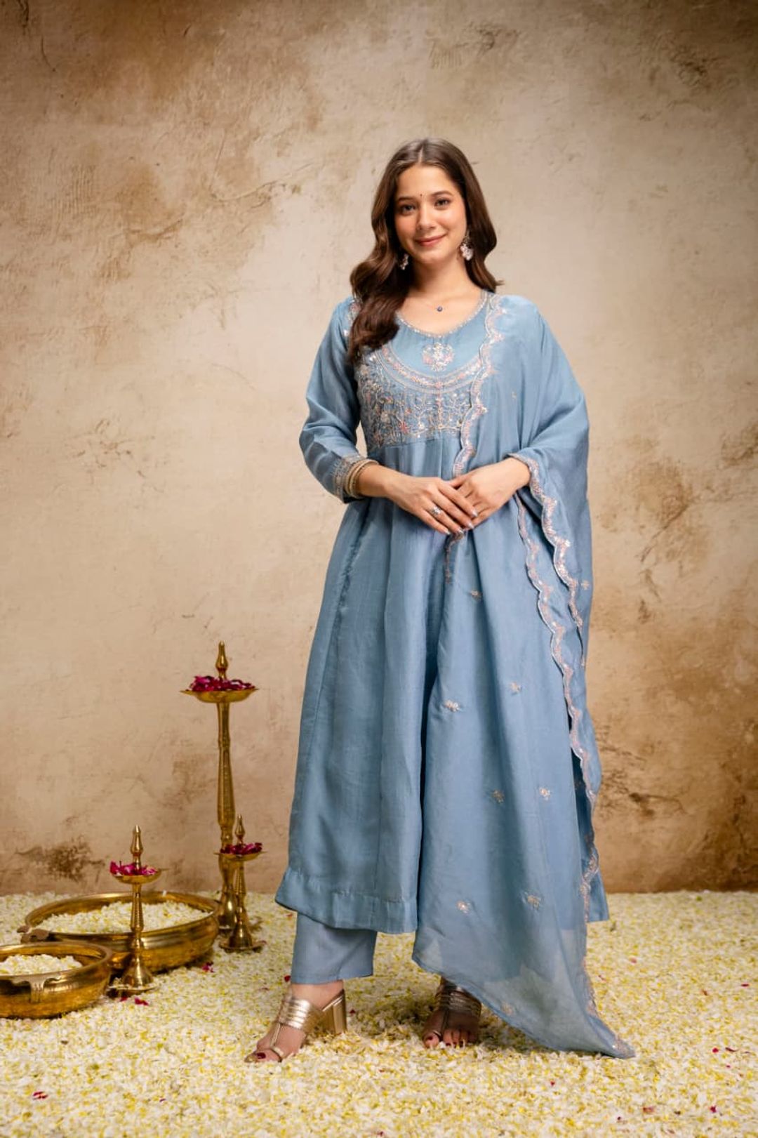 Ruksha Blue Vichitra Silk Embroidered Kurta Set with Dupatta
