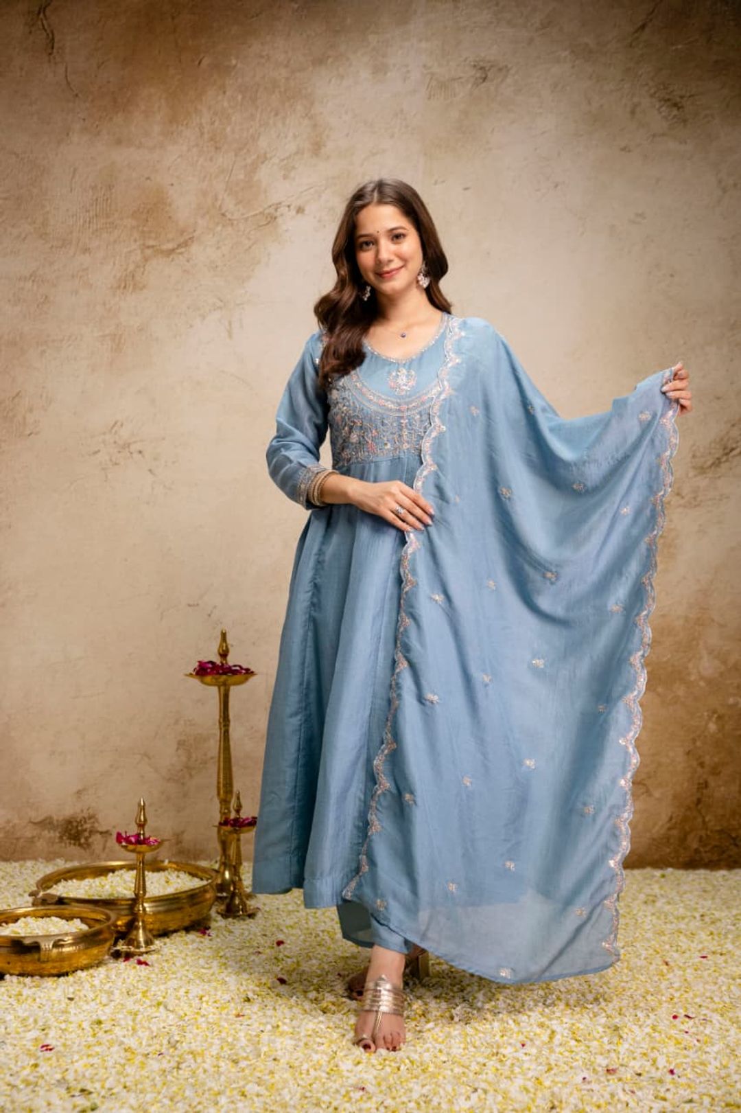 Ruksha Blue Vichitra Silk Embroidered Kurta Set with Dupatta