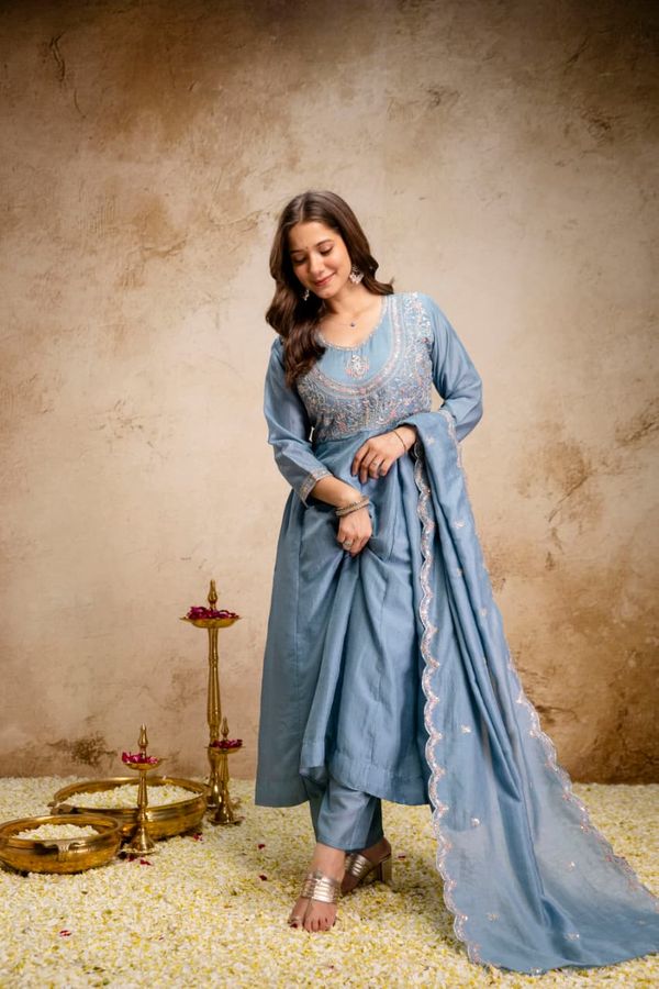 Ruksha Blue Vichitra Silk Embroidered Kurta Set with Dupatta