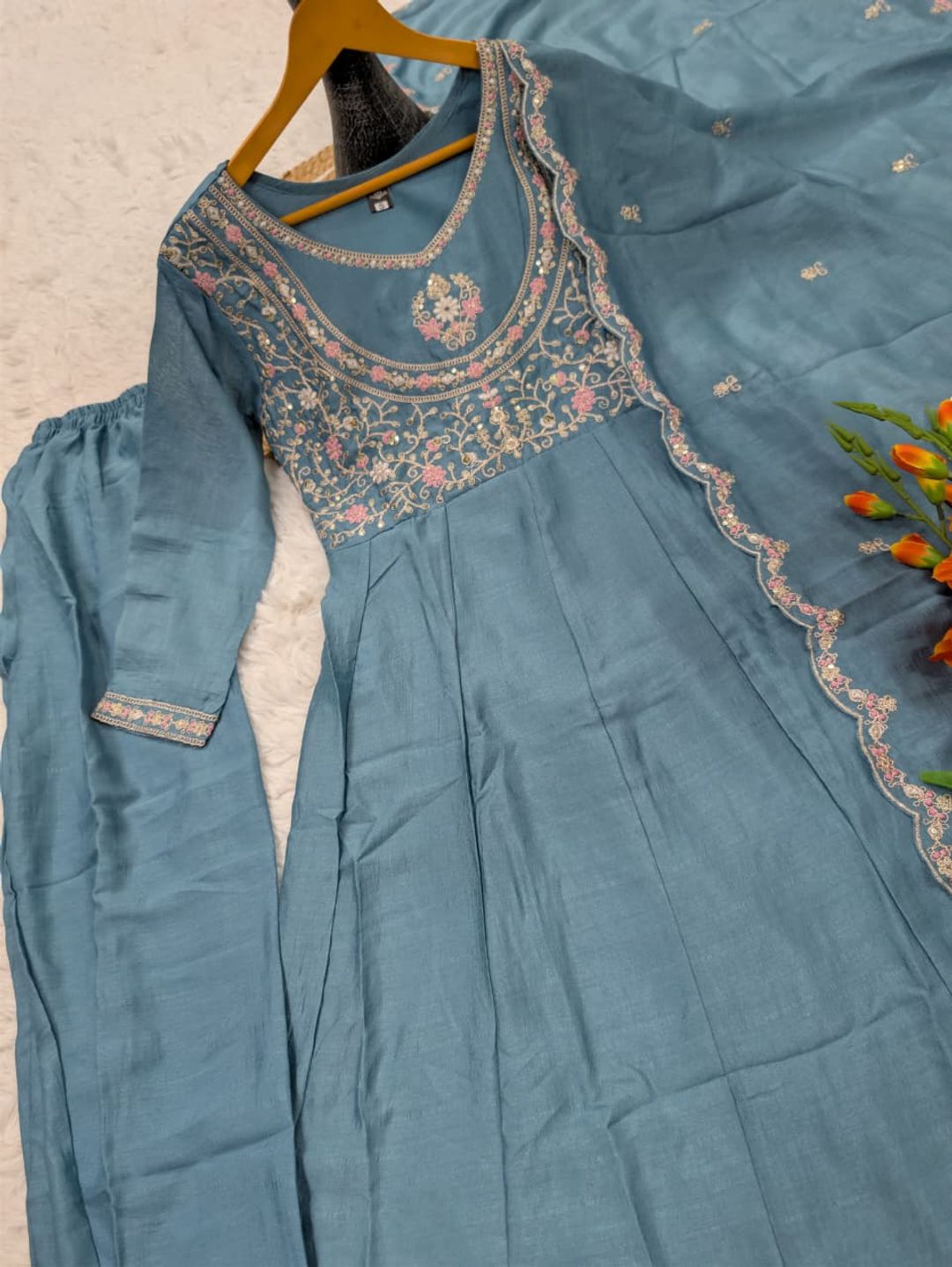 Ruksha Blue Vichitra Silk Embroidered Kurta Set with Dupatta