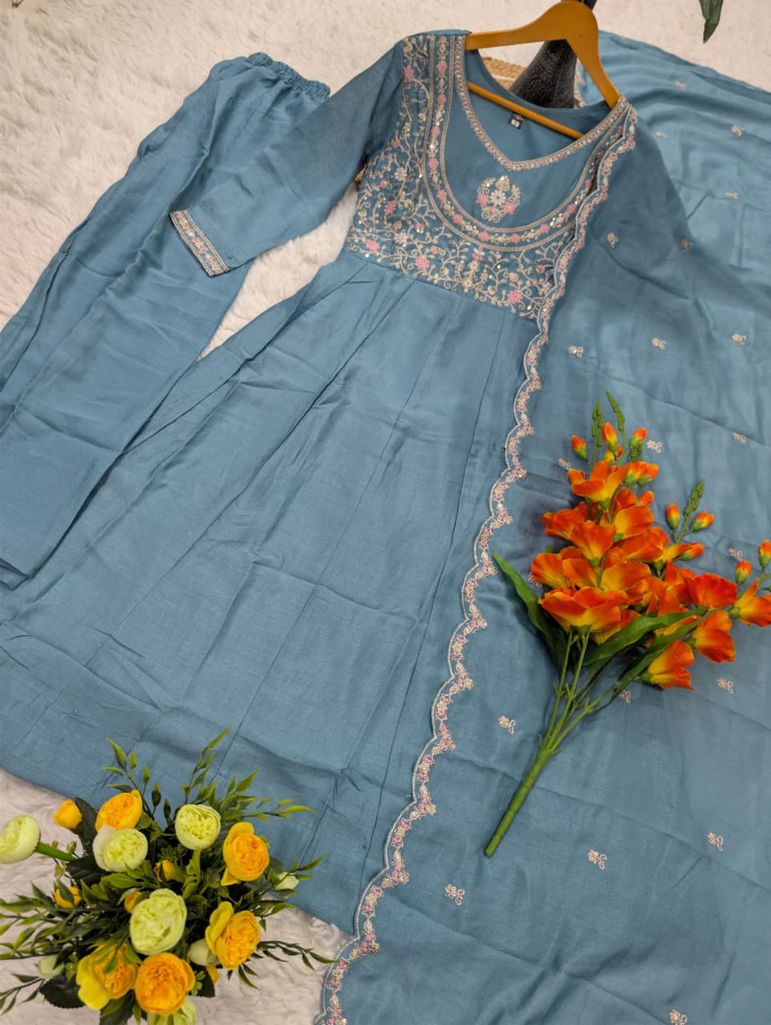 Ruksha Blue Vichitra Silk Embroidered Kurta Set with Dupatta
