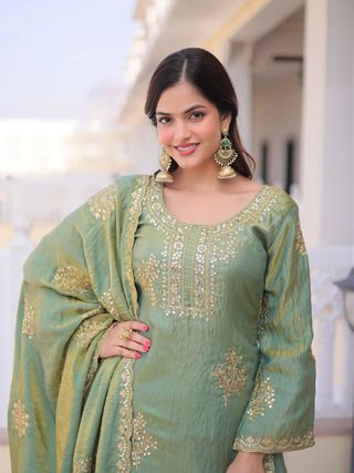 Riddhi Sage Green Frendy Silk Embroidered Sharara Set