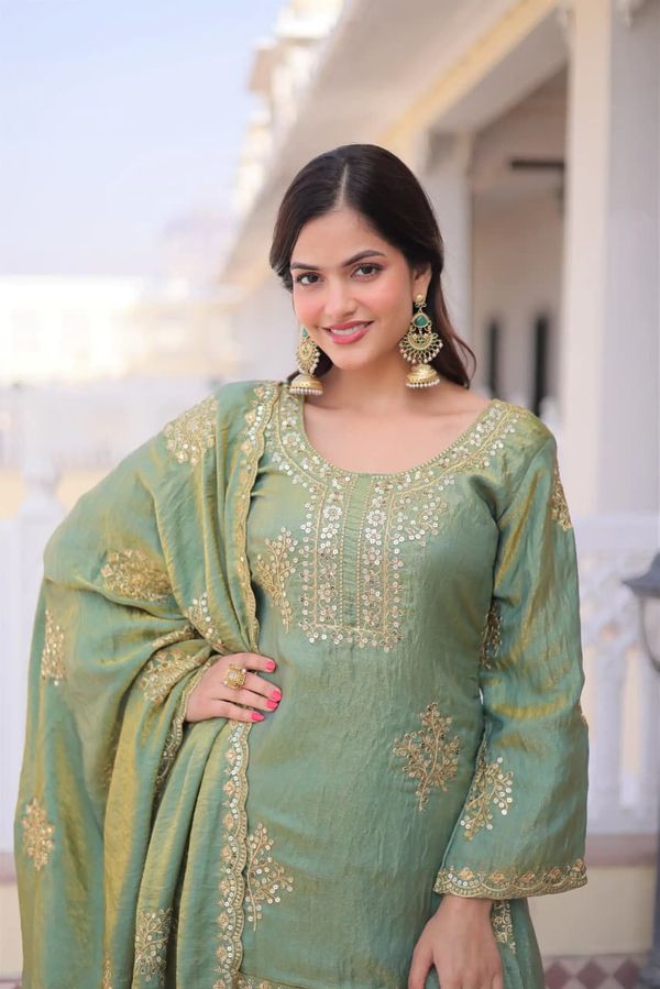 Riddhi Sage Green Frendy Silk Embroidered Sharara Set