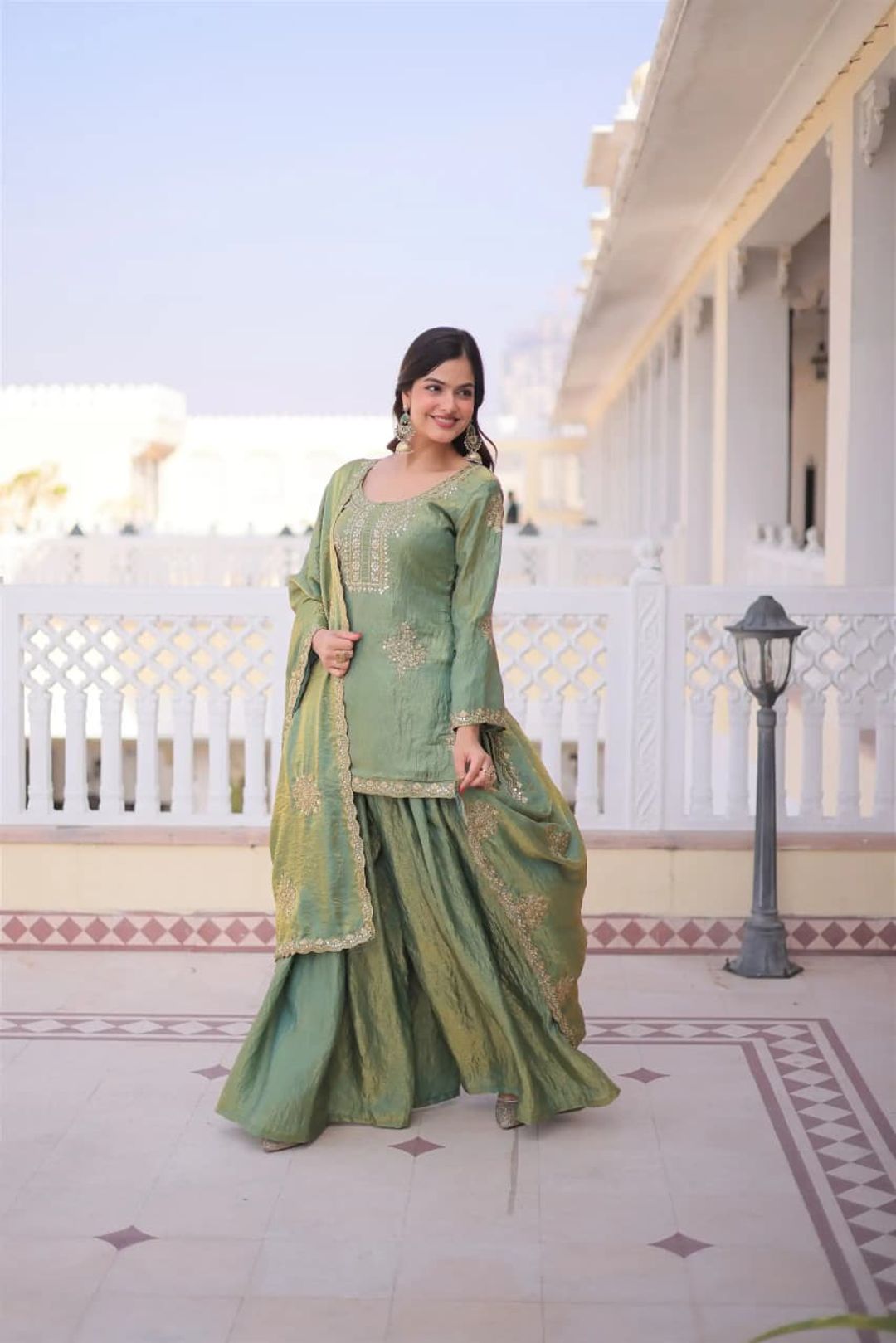 Riddhi Sage Green Frendy Silk Embroidered Sharara Set