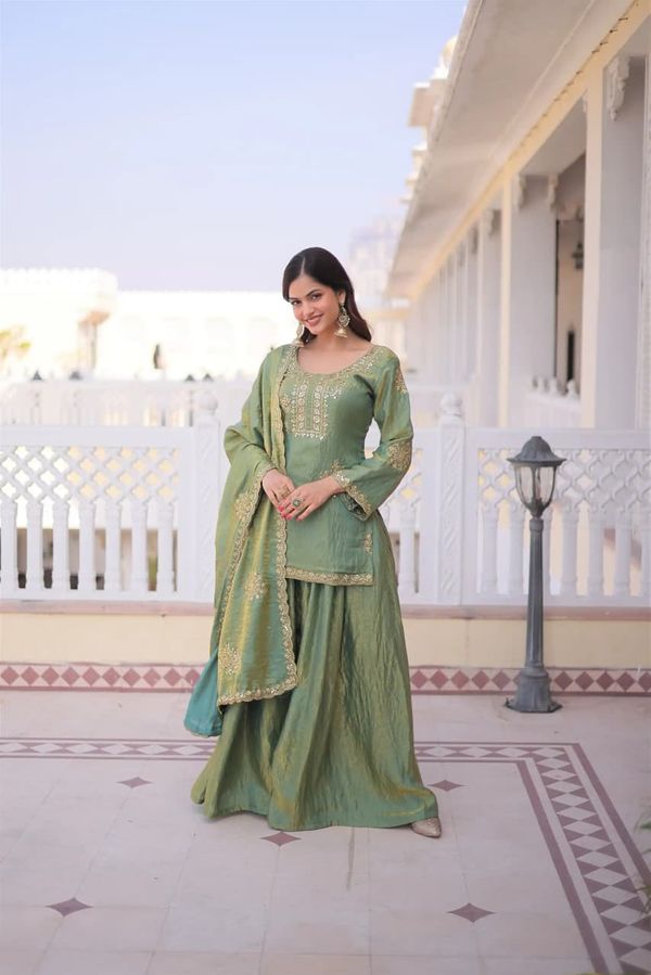 Riddhi Sage Green Frendy Silk Embroidered Sharara Set