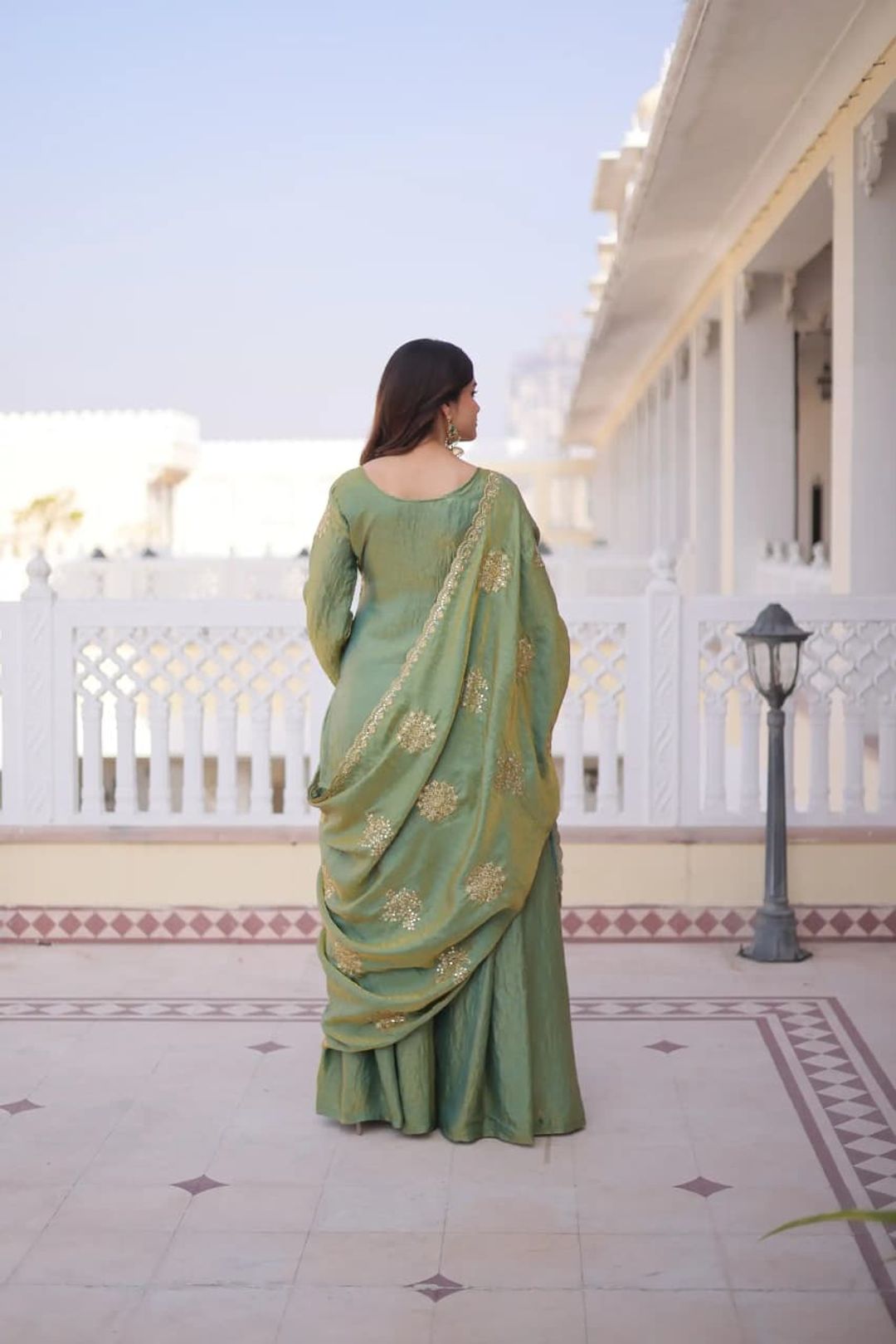 Riddhi Sage Green Frendy Silk Embroidered Sharara Set