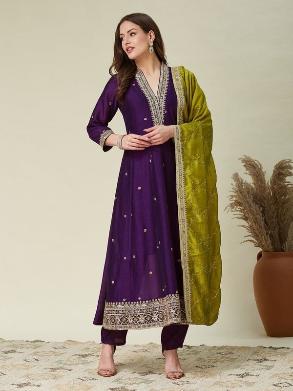 Priyanka Purple Vichitra Silk Embroidered Gown Set