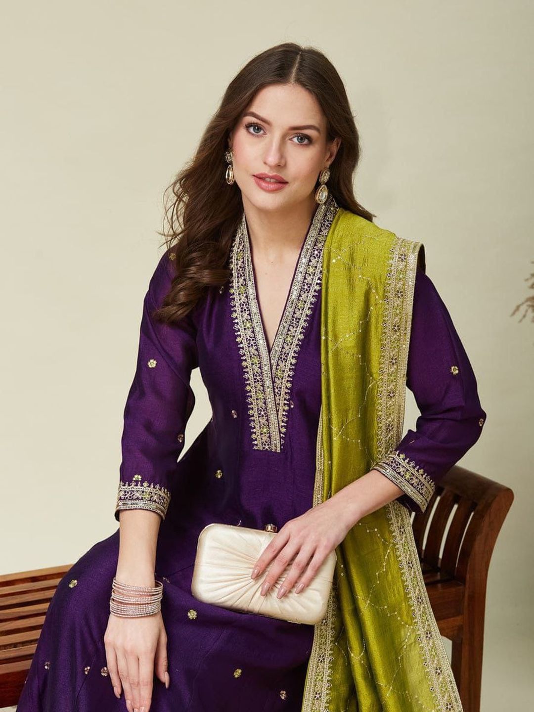 Priyanka Purple Vichitra Silk Embroidered Gown Set