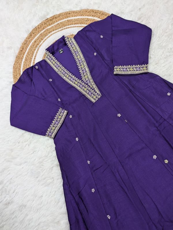Priyanka Purple Vichitra Silk Embroidered Gown Set