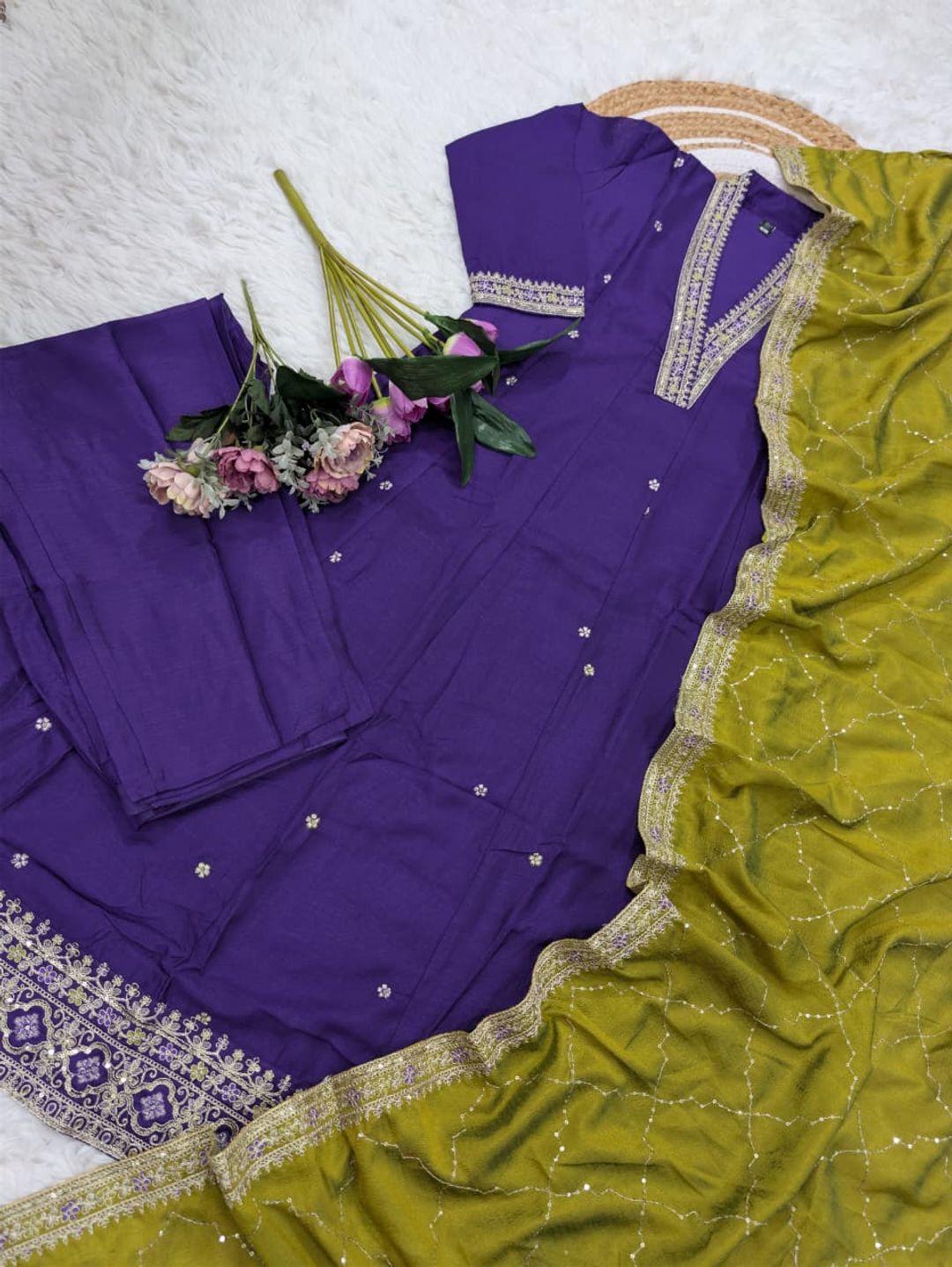 Priyanka Purple Vichitra Silk Embroidered Gown Set