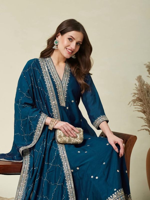 Teal Blue Vichitra Silk Embroidered Gown Set Online  Copy Title