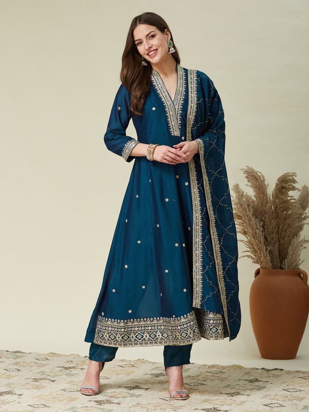 Teal Blue Vichitra Silk Embroidered Gown Set Online  Copy Title