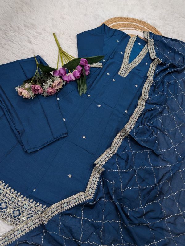 Teal Blue Vichitra Silk Embroidered Gown Set Online  Copy Title