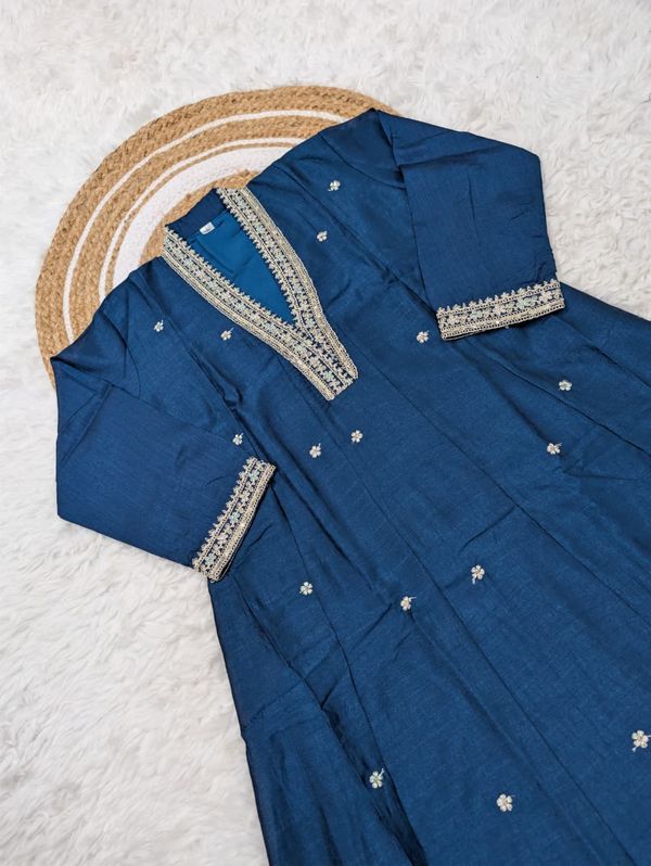 Teal Blue Vichitra Silk Embroidered Gown Set Online  Copy Title