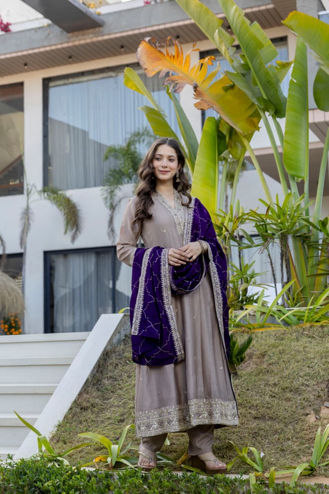 Taupe Beige Vichitra Silk Embroidered Gown Set Online