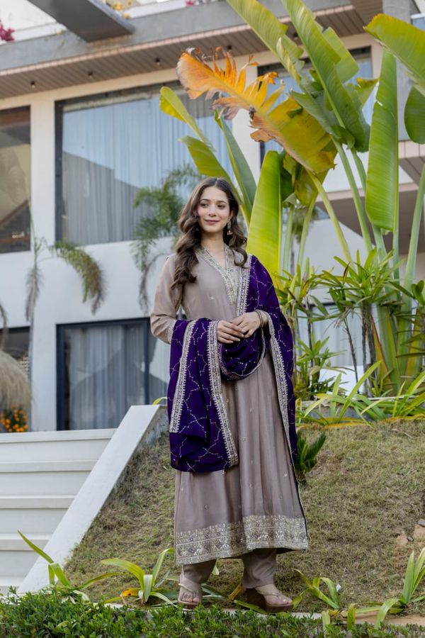 Taupe Beige Vichitra Silk Embroidered Gown Set Online