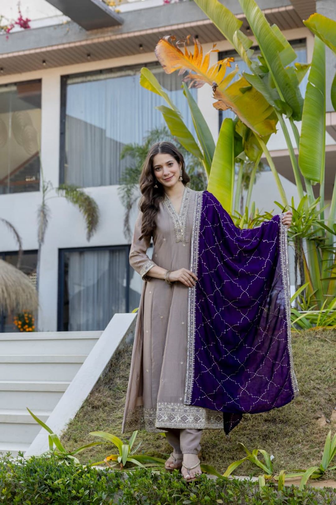 Taupe Beige Vichitra Silk Embroidered Gown Set Online