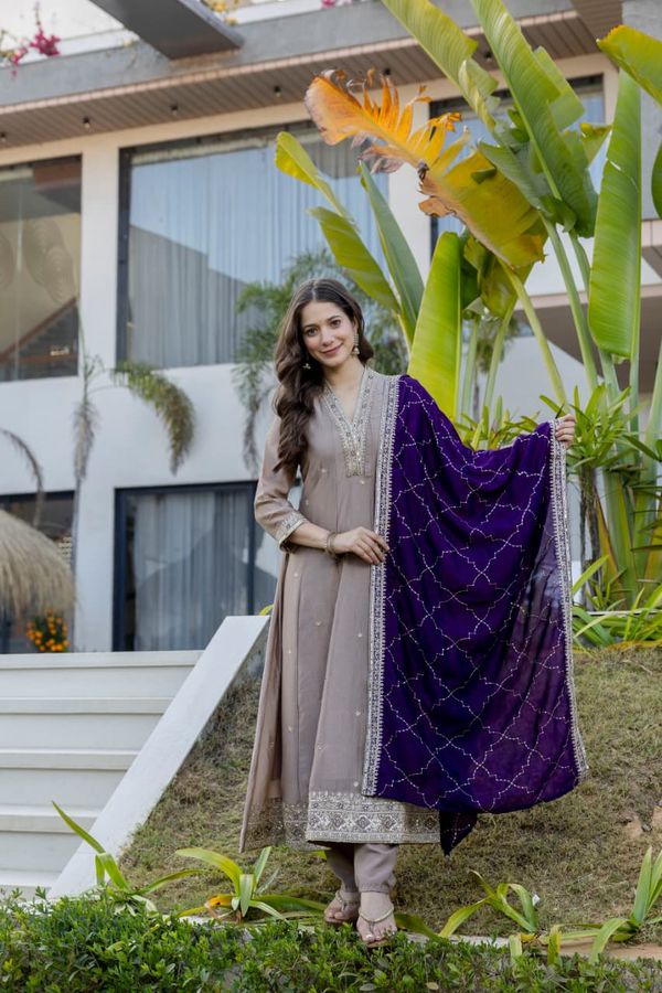 Taupe Beige Vichitra Silk Embroidered Gown Set Online