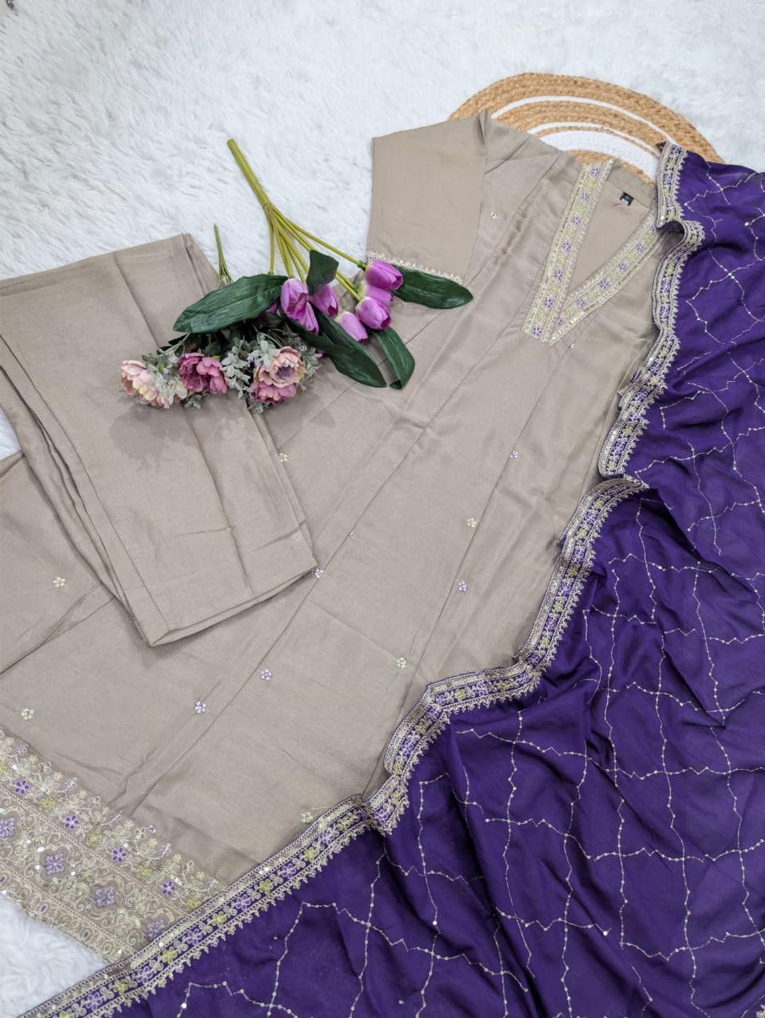 Taupe Beige Vichitra Silk Embroidered Gown Set Online
