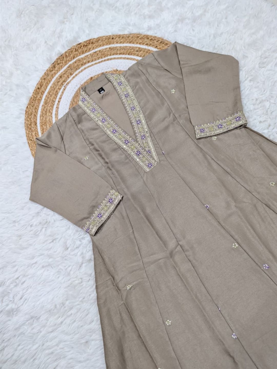 Taupe Beige Vichitra Silk Embroidered Gown Set Online