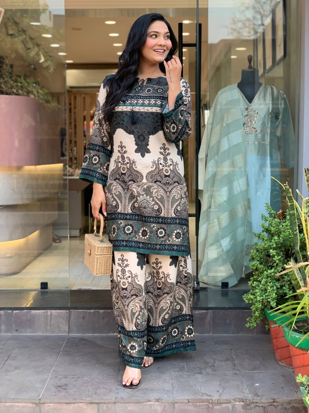 Beige Printed Rayon Co Ord Set for Women Online