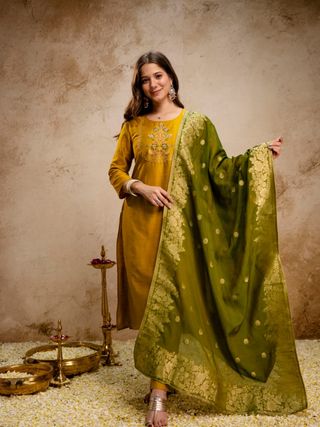 Mustard Yellow Embroidered Kurta Set for Women Online