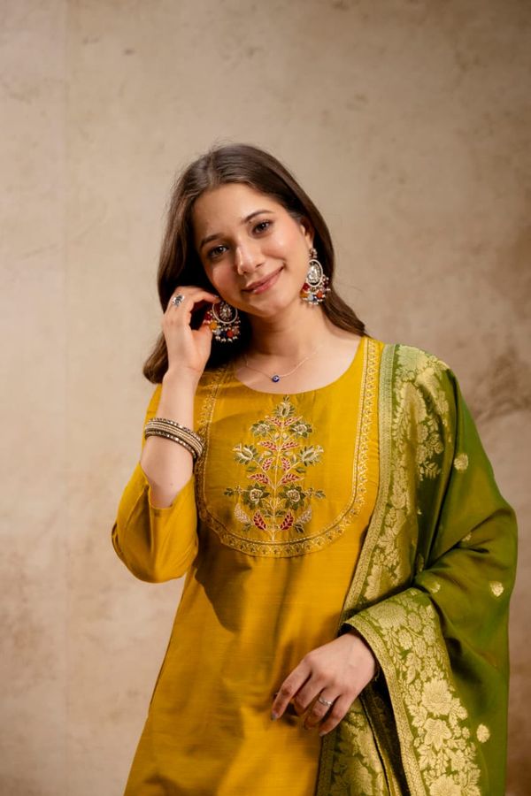 Mustard Yellow Embroidered Kurta Set for Women Online