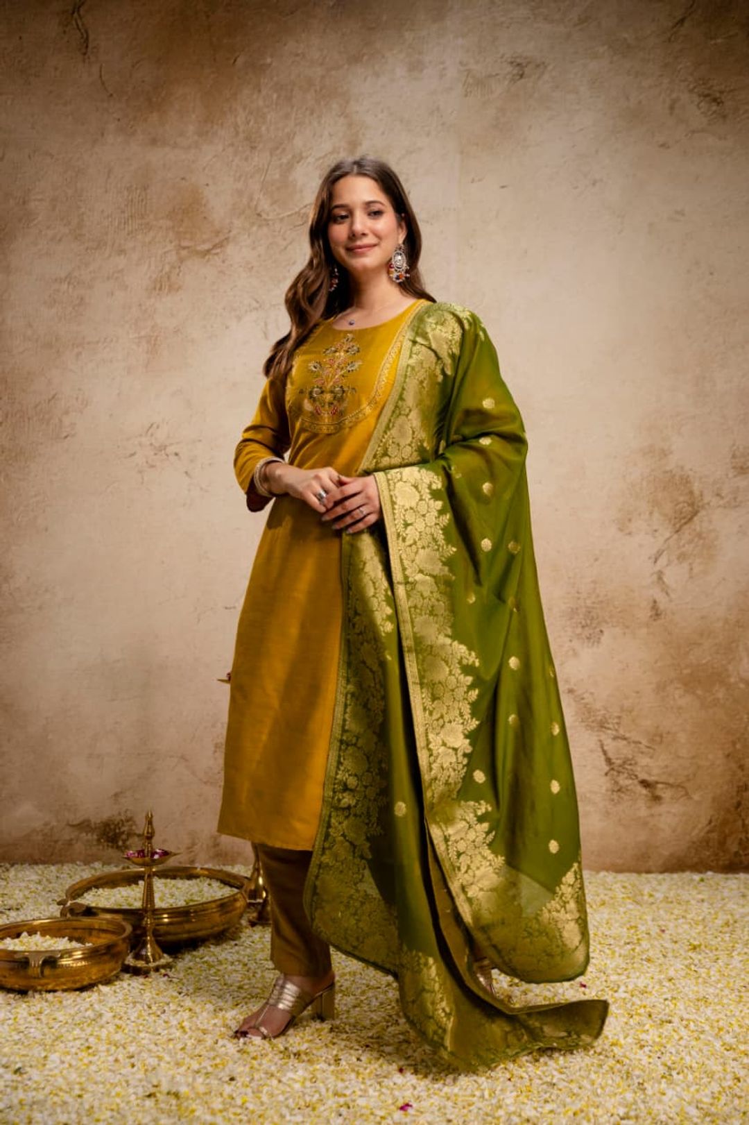 Mustard Yellow Embroidered Kurta Set for Women Online
